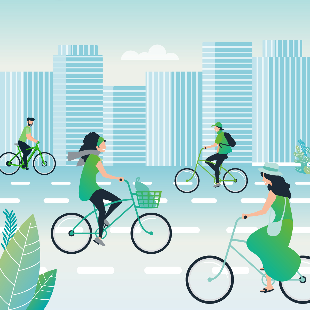 ilustración de ciclistas felices paseando por una ciudad sin coches.