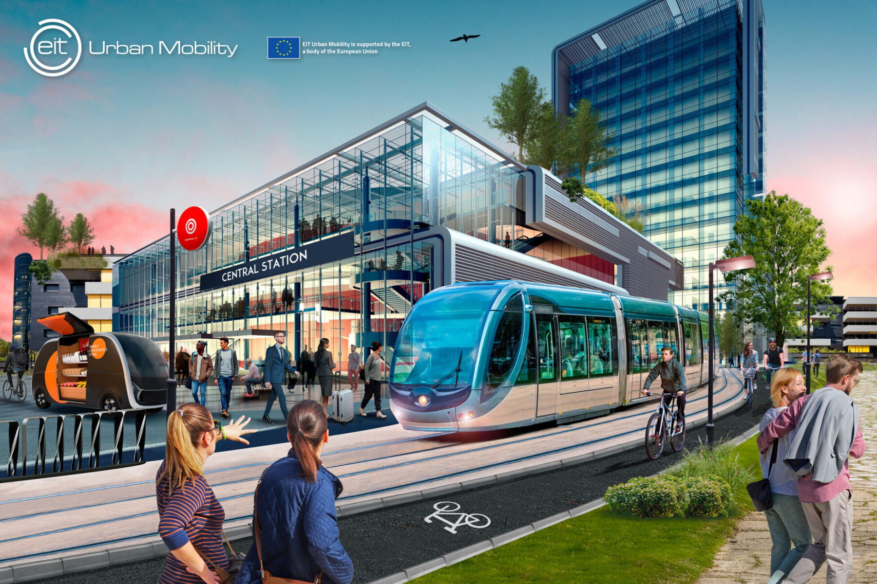 Estación central del futuro con vehículos autopilotados, carriles bici y entornos verdes