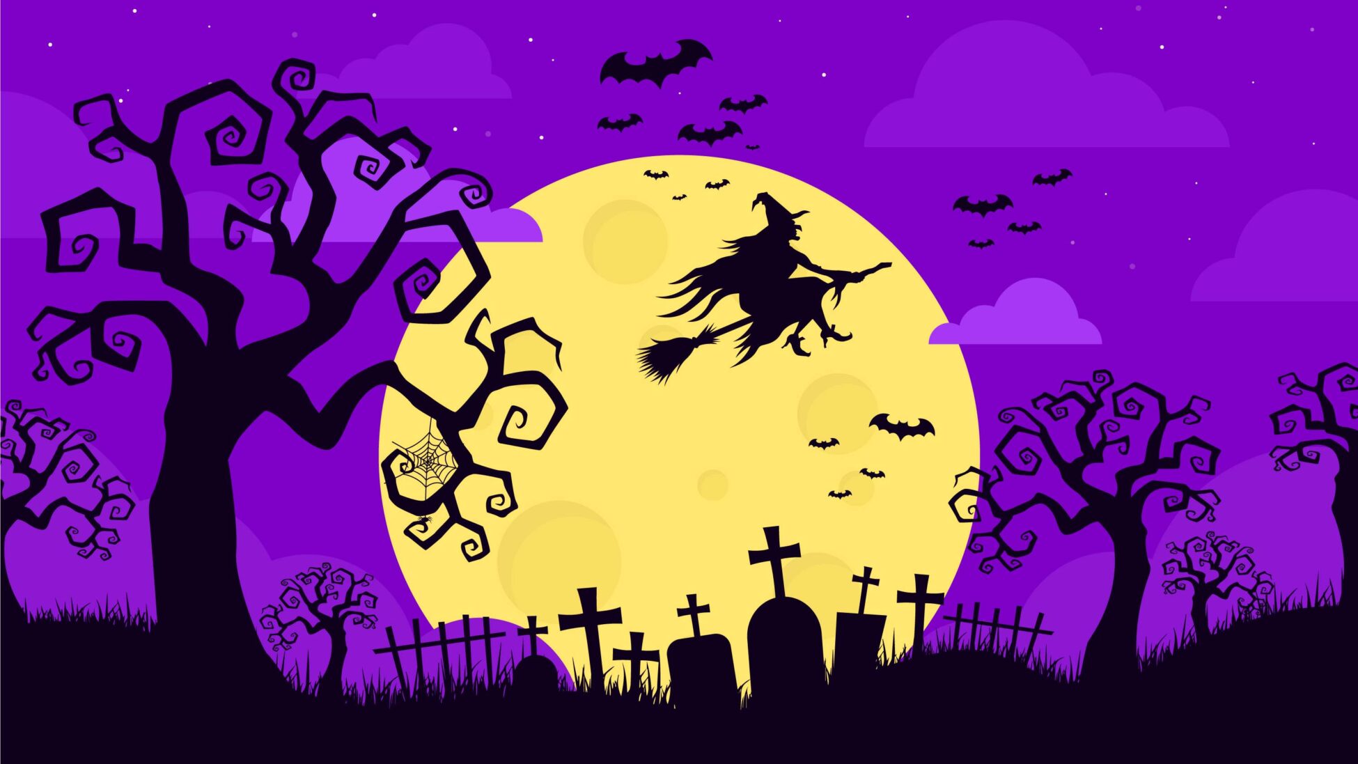 Ilustración de bruja montada en escoba voladora sobre cementerio en halloween